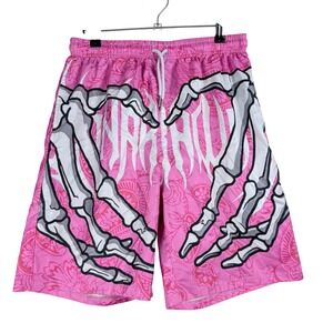 Romwe Paisley Skeleton Heart Shorts Mens M Pink Graphic Streetwear Goth Emo